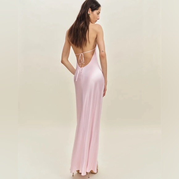 Reformation Jeany Silk Halter Button Slip Maxi Dress Gown Pink Cherry Blossom - Picture 4 of 13